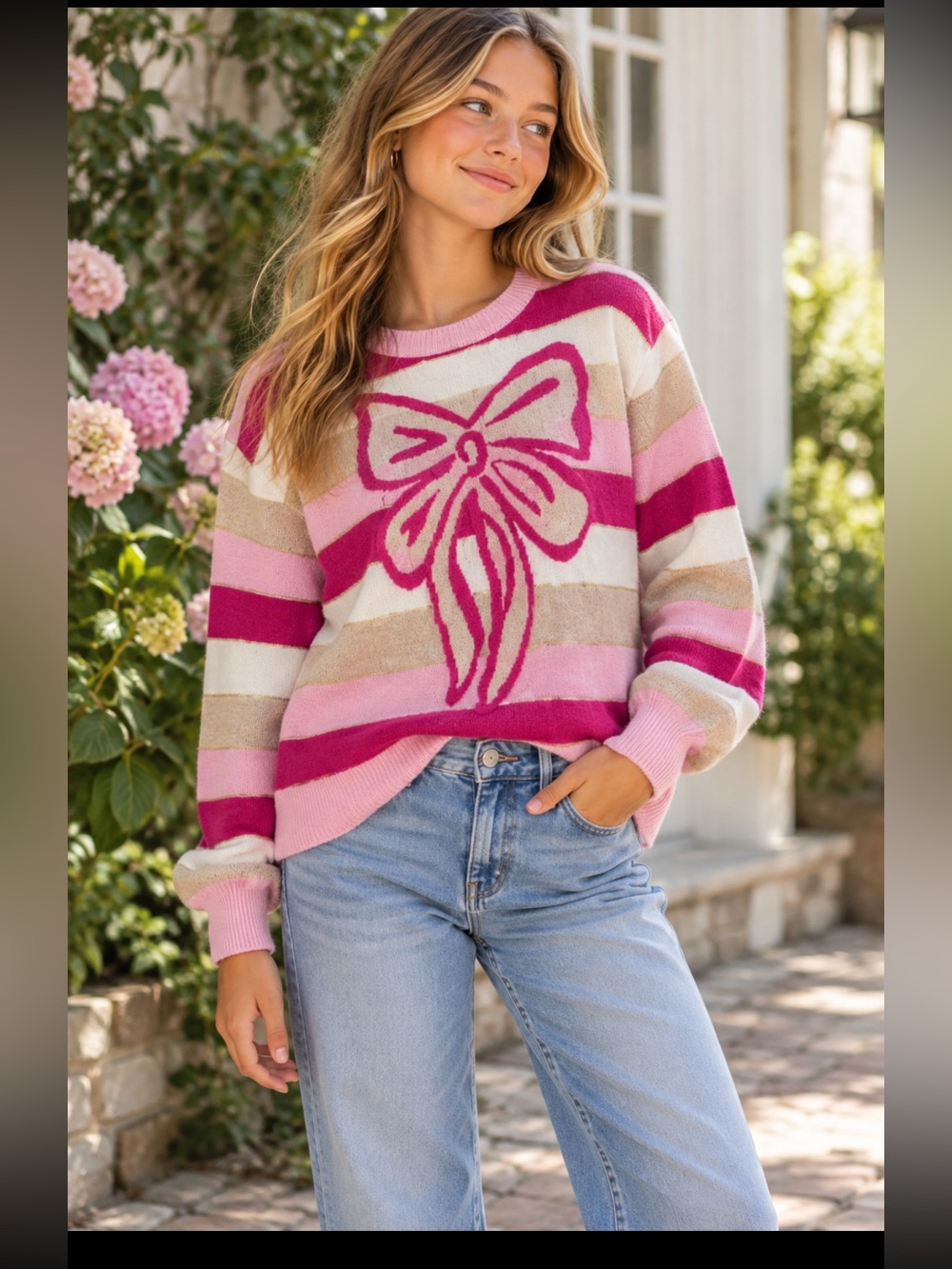 Adorable pink striped bow sweater with gold L retro vintage Anthropologie